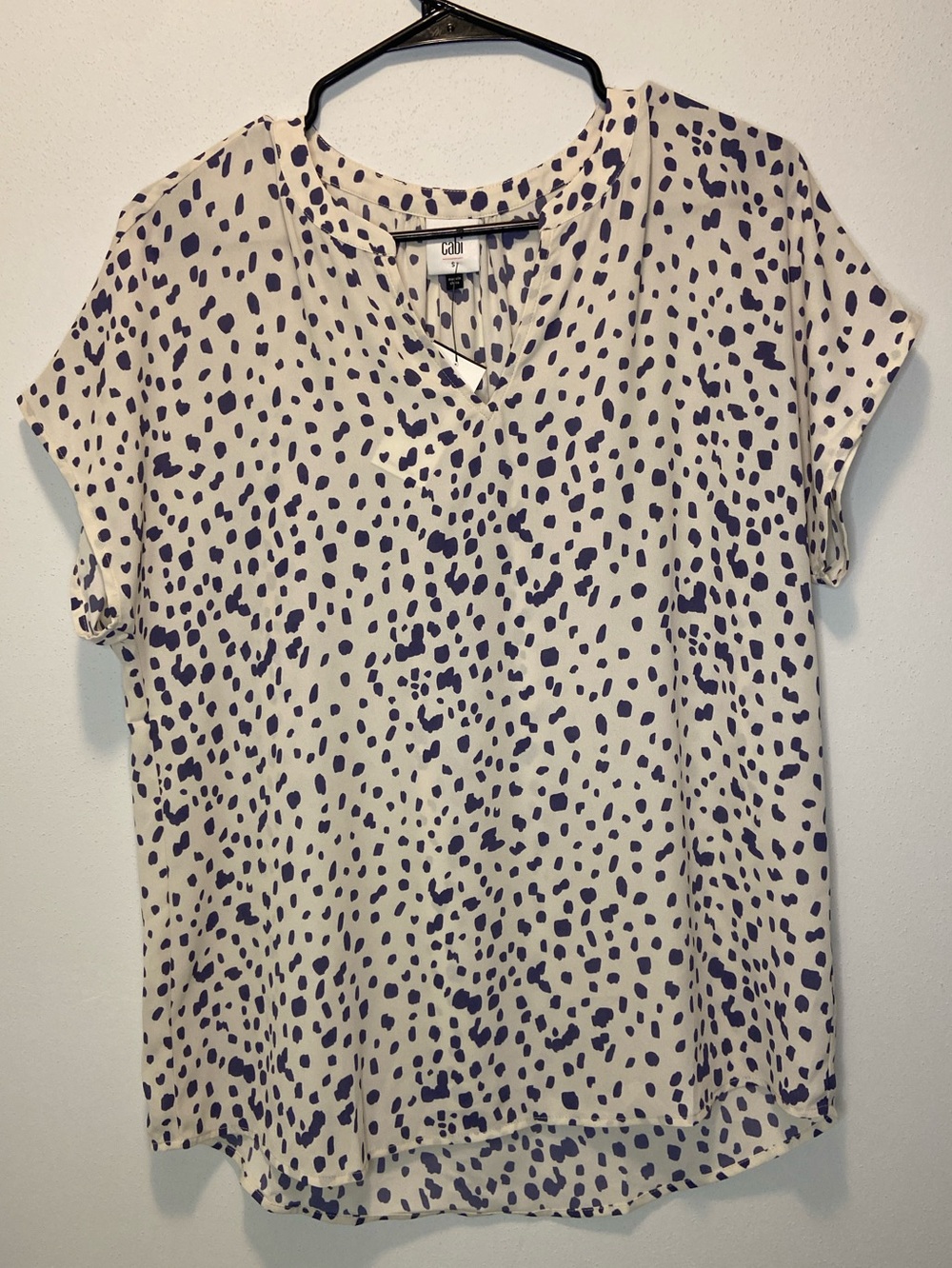 CAbi Cream Short Sleeve V-Neck Blouse with Lilac Spot Print
